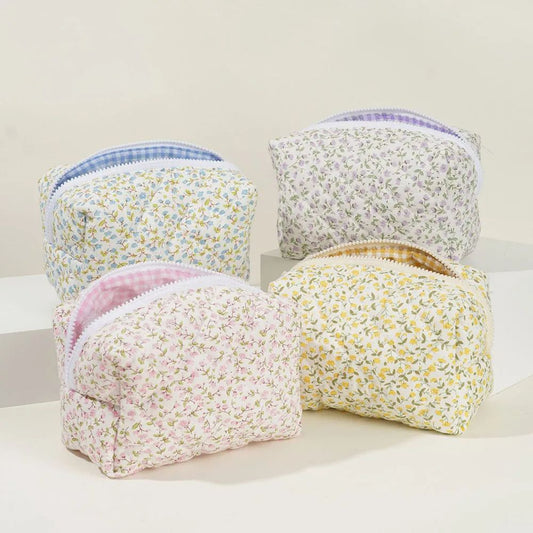 Floral Puffy Quilted Makeup Bag Large Travel Cosmetic Pouch with Storage Organizer, Perfect for Makeup Accessories
