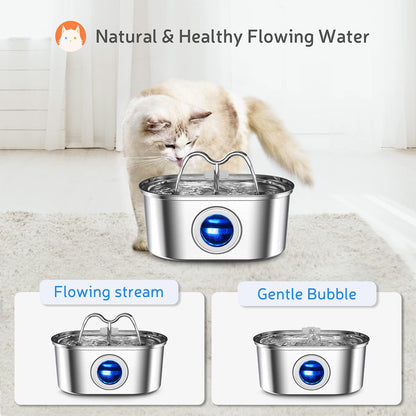Cat Water Stainless Steel Fountain with LED Light & Silent Pump, Automatic Pet Drinking Dispenser for Cats and Dogs