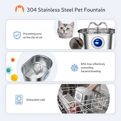 Cat Water Stainless Steel Fountain with LED Light & Silent Pump, Automatic Pet Drinking Dispenser for Cats and Dogs