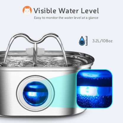 Cat Water Stainless Steel Fountain with LED Light & Silent Pump, Automatic Pet Drinking Dispenser for Cats and Dogs
