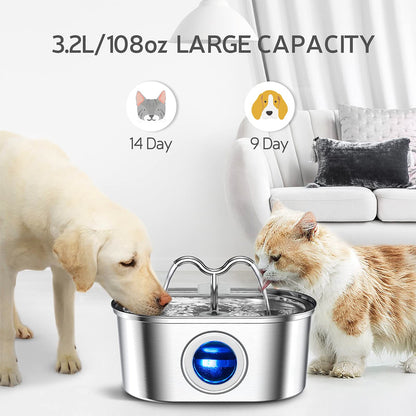 Cat Water Stainless Steel Fountain with LED Light & Silent Pump, Automatic Pet Drinking Dispenser for Cats and Dogs