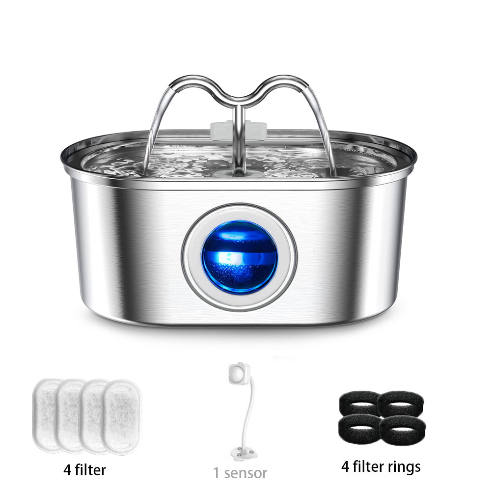 Cat Water Stainless Steel Fountain with LED Light & Silent Pump, Automatic Pet Drinking Dispenser for Cats and Dogs