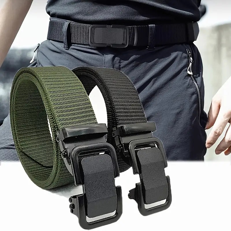 Automatic Men's Belt with Metal Click Buckle, Canvas Webbing Nylon Belt for Outdoor Work