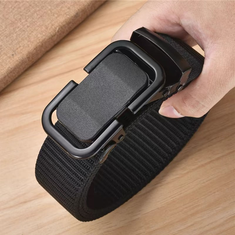 Automatic Men's Belt with Metal Click Buckle, Canvas Webbing Nylon Belt for Outdoor Work