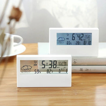 Thermo-Hygrometer Clock with Creative Weather Display,Electronic Alarm Clock for Desktop Table Decor in Living Room