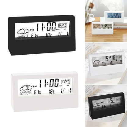 Thermo-Hygrometer Clock with Creative Weather Display,Electronic Alarm Clock for Desktop Table Decor in Living Room