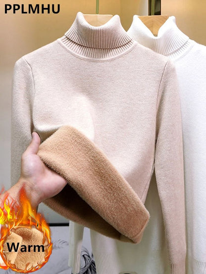 Turtleneck Winter Sweater for Women, Elegant Thickened Velvet-Lined Knit Pullover, Slim Fit Knitted Jumper Top for Cold