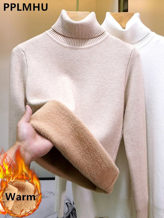 Turtleneck Winter Sweater for Women, Elegant Thickened Velvet-Lined Knit Pullover, Slim Fit Knitted Jumper Top for Cold