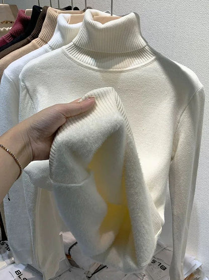 Turtleneck Winter Sweater for Women, Elegant Thickened Velvet-Lined Knit Pullover, Slim Fit Knitted Jumper Top for Cold