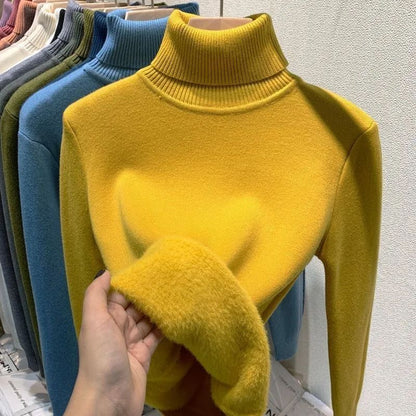 Turtleneck Winter Sweater for Women, Elegant Thickened Velvet-Lined Knit Pullover, Slim Fit Knitted Jumper Top for Cold