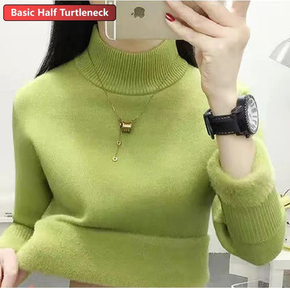 Turtleneck Winter Sweater for Women, Elegant Thickened Velvet-Lined Knit Pullover, Slim Fit Knitted Jumper Top for Cold