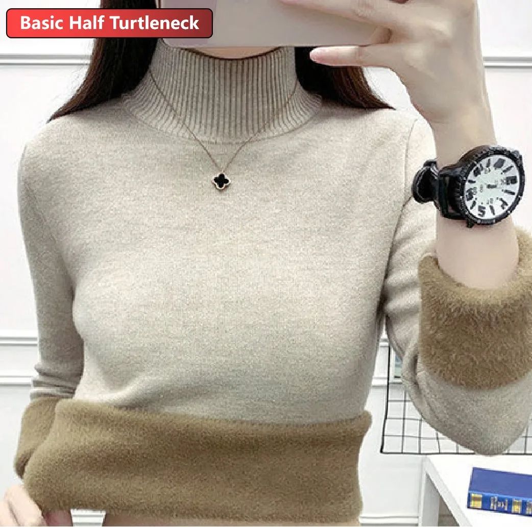 Turtleneck Winter Sweater for Women, Elegant Thickened Velvet-Lined Knit Pullover, Slim Fit Knitted Jumper Top for Cold