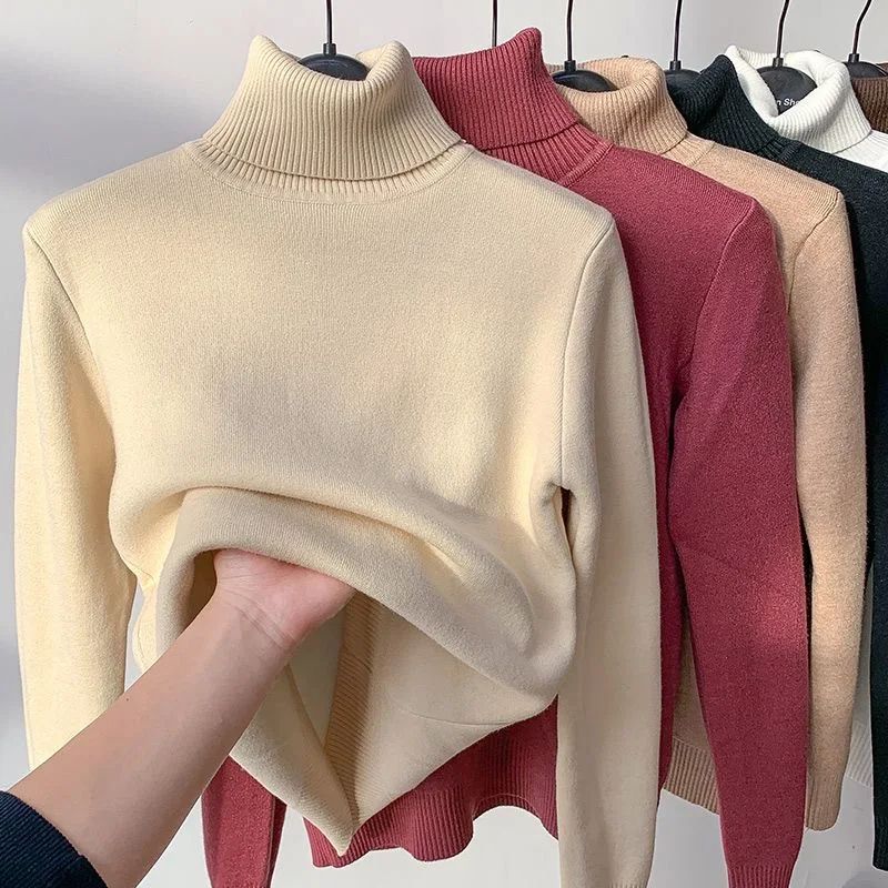 Turtleneck Winter Sweater for Women, Elegant Thickened Velvet-Lined Knit Pullover, Slim Fit Knitted Jumper Top for Cold