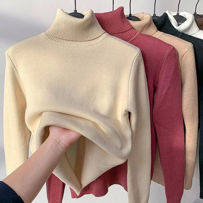 Turtleneck Winter Sweater for Women, Elegant Thickened Velvet-Lined Knit Pullover, Slim Fit Knitted Jumper Top for Cold