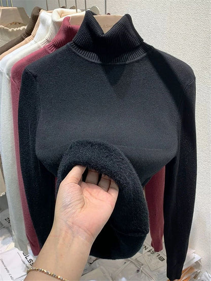 Turtleneck Winter Sweater for Women, Elegant Thickened Velvet-Lined Knit Pullover, Slim Fit Knitted Jumper Top for Cold