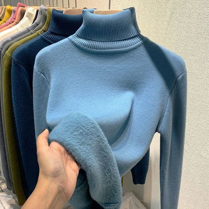 Turtleneck Winter Sweater for Women, Elegant Thickened Velvet-Lined Knit Pullover, Slim Fit Knitted Jumper Top for Cold