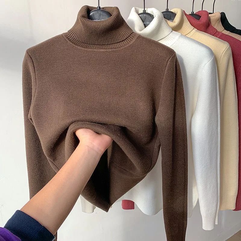 Turtleneck Winter Sweater for Women, Elegant Thickened Velvet-Lined Knit Pullover, Slim Fit Knitted Jumper Top for Cold