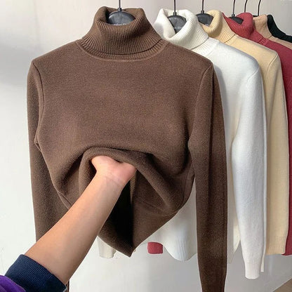 Turtleneck Winter Sweater for Women, Elegant Thickened Velvet-Lined Knit Pullover, Slim Fit Knitted Jumper Top for Cold