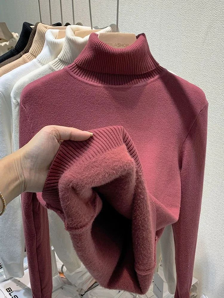 Turtleneck Winter Sweater for Women, Elegant Thickened Velvet-Lined Knit Pullover, Slim Fit Knitted Jumper Top for Cold