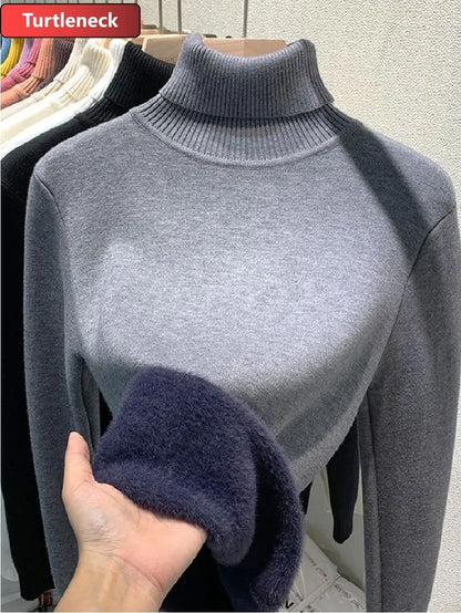 Turtleneck Winter Sweater for Women, Elegant Thickened Velvet-Lined Knit Pullover, Slim Fit Knitted Jumper Top for Cold