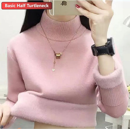 Turtleneck Winter Sweater for Women, Elegant Thickened Velvet-Lined Knit Pullover, Slim Fit Knitted Jumper Top for Cold