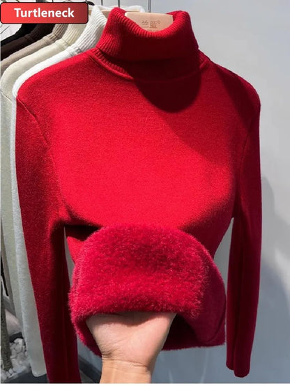 Turtleneck Winter Sweater for Women, Elegant Thickened Velvet-Lined Knit Pullover, Slim Fit Knitted Jumper Top for Cold