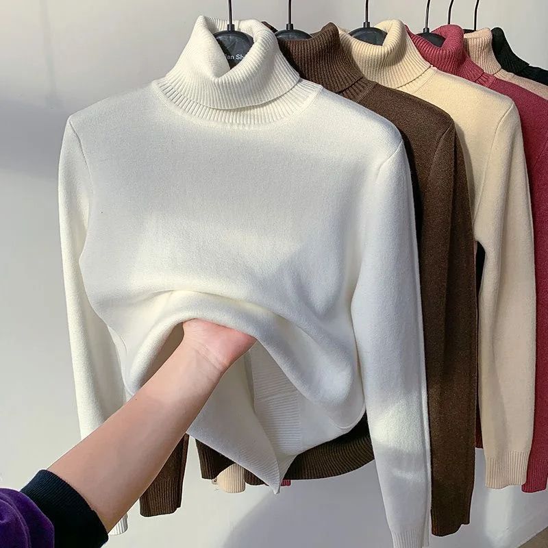 Turtleneck Winter Sweater for Women, Elegant Thickened Velvet-Lined Knit Pullover, Slim Fit Knitted Jumper Top for Cold