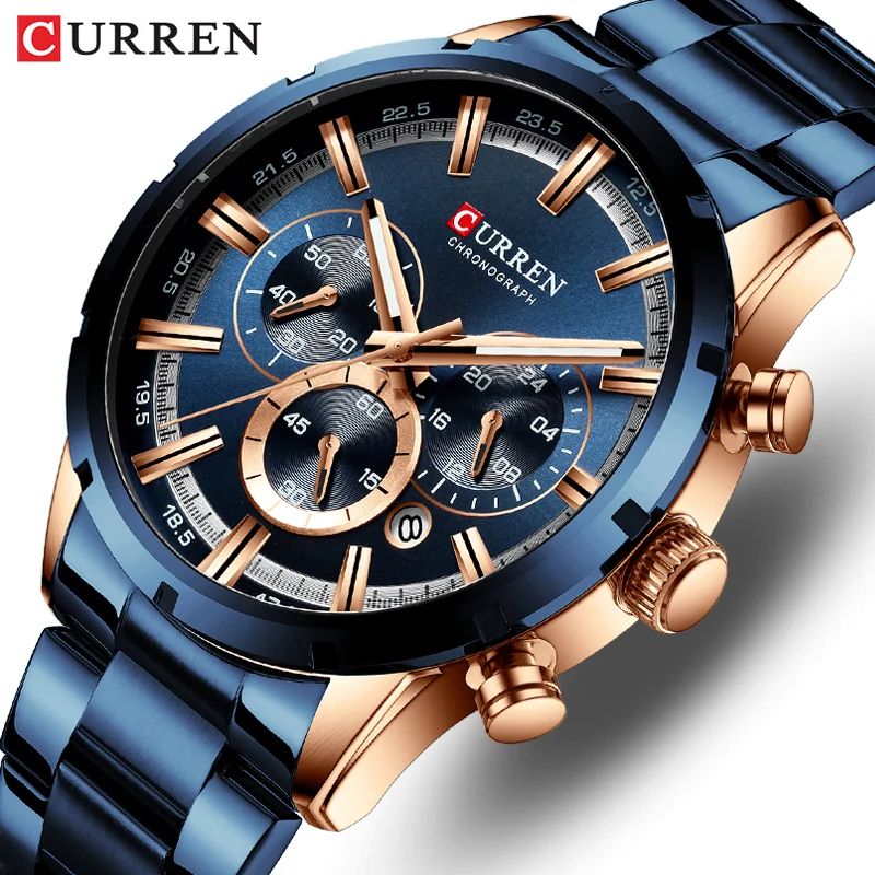 CURREN Men's Luxury Sports Quartz Watch, Full Steel Waterproof Chronograph
