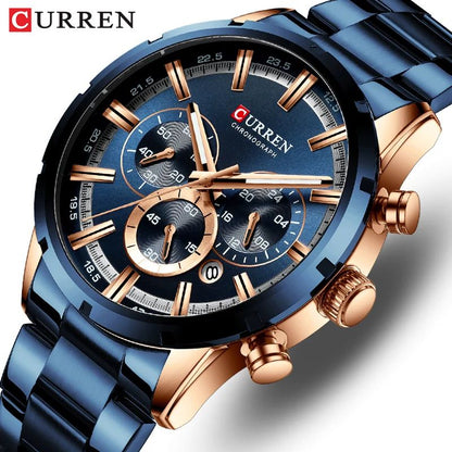 CURREN Men's Luxury Sports Quartz Watch, Full Steel Waterproof Chronograph