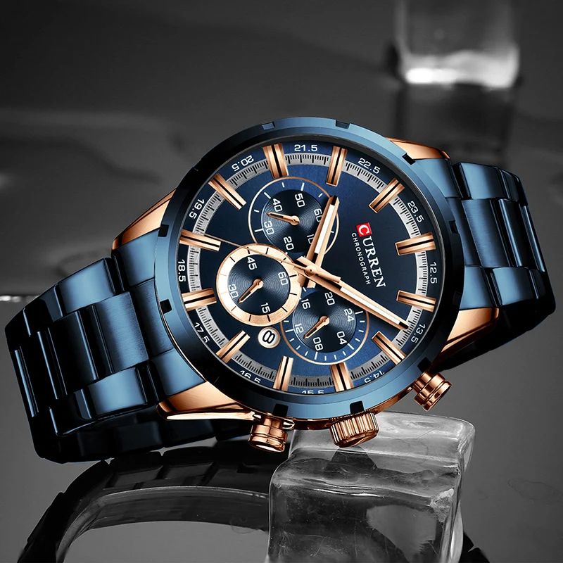 CURREN Men's Luxury Sports Quartz Watch, Full Steel Waterproof Chronograph
