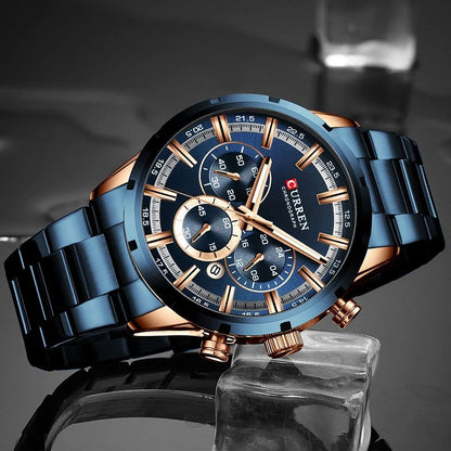 CURREN Men's Luxury Sports Quartz Watch, Full Steel Waterproof Chronograph