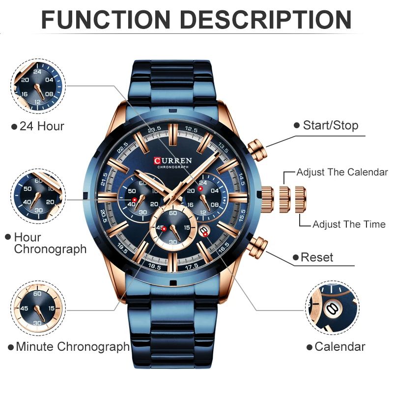 CURREN Men's Luxury Sports Quartz Watch, Full Steel Waterproof Chronograph