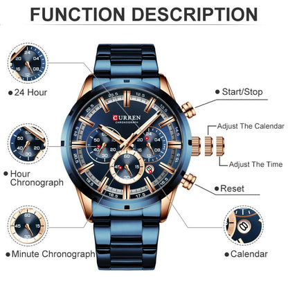 CURREN Men's Luxury Sports Quartz Watch, Full Steel Waterproof Chronograph