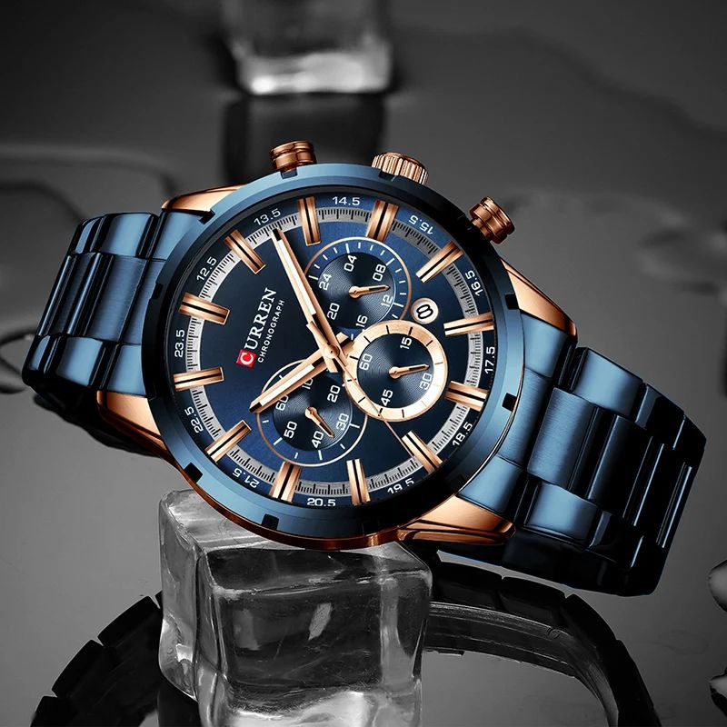 CURREN Men's Luxury Sports Quartz Watch, Full Steel Waterproof Chronograph