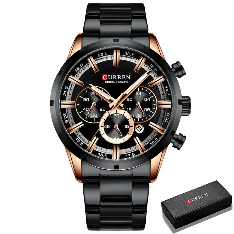 CURREN Men's Luxury Sports Quartz Watch, Full Steel Waterproof Chronograph