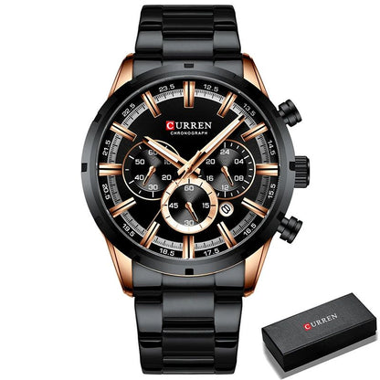 CURREN Men's Luxury Sports Quartz Watch, Full Steel Waterproof Chronograph