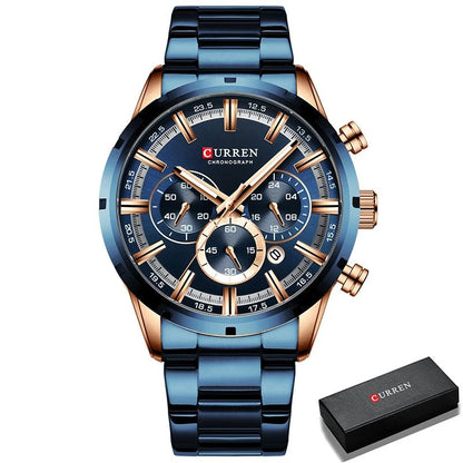 CURREN Men's Luxury Sports Quartz Watch, Full Steel Waterproof Chronograph