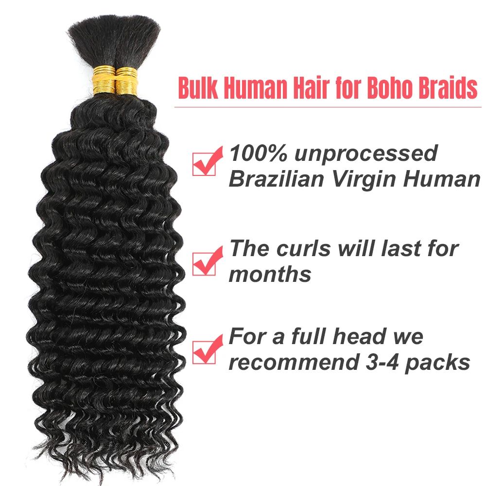 Brazilian Virgin Human Hair Deep Wave Bulk, No Weft Braiding Hair for Boho Braids