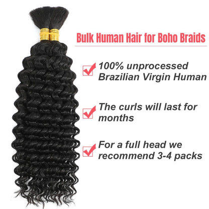 Brazilian Virgin Human Hair Deep Wave Bulk, No Weft Braiding Hair for Boho Braids