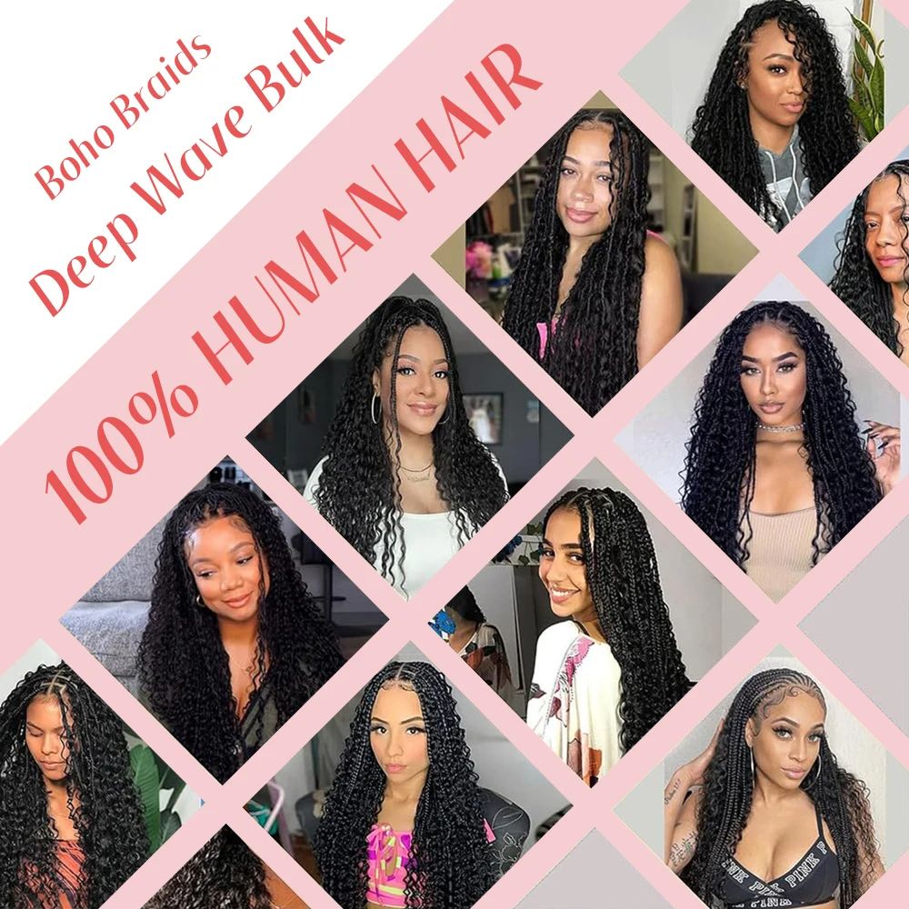 Brazilian Virgin Human Hair Deep Wave Bulk, No Weft Braiding Hair for Boho Braids