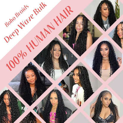 Brazilian Virgin Human Hair Deep Wave Bulk, No Weft Braiding Hair for Boho Braids