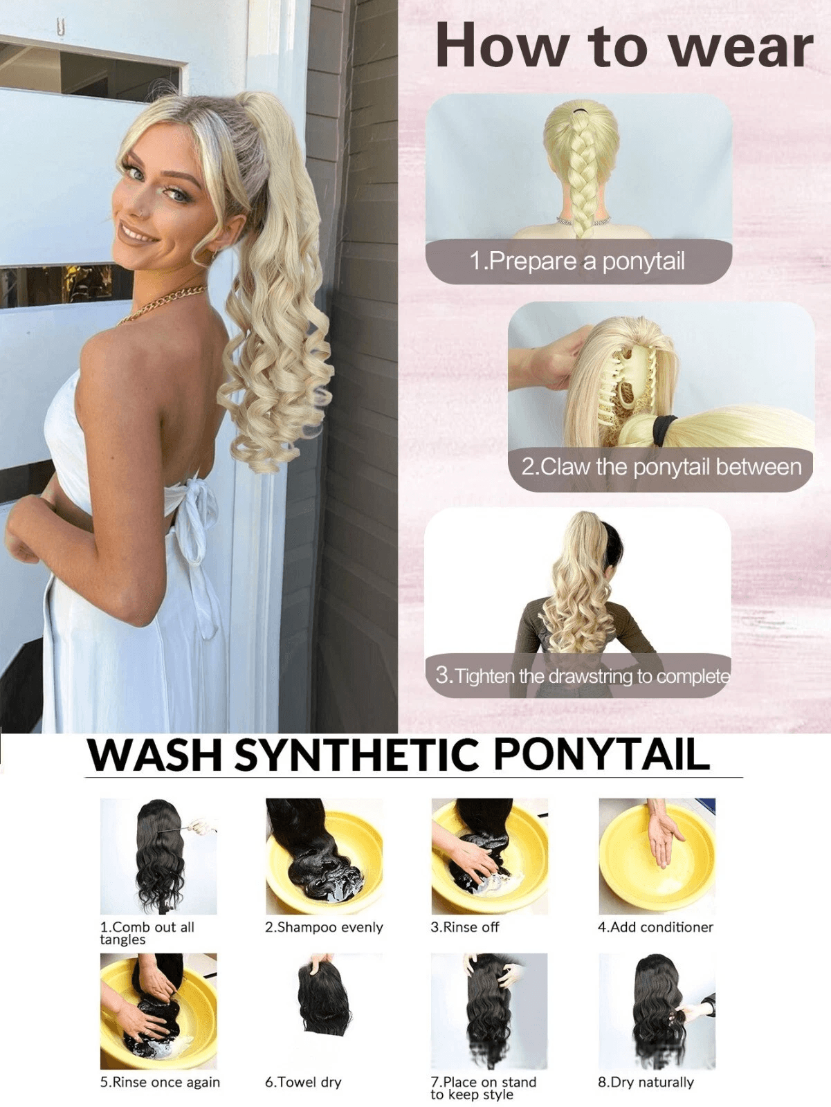 Real Human Hair Ponytail Extension, Thick Claw Clip Hairpiece for Instant Volume