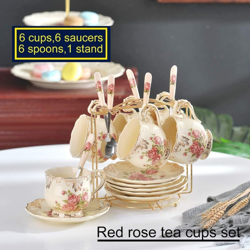 Tea Cups and Saucers Set of 6, 8 Oz Vintage Floral Porcelain Tea Cups Set, Coffee Cups with Golden Rack