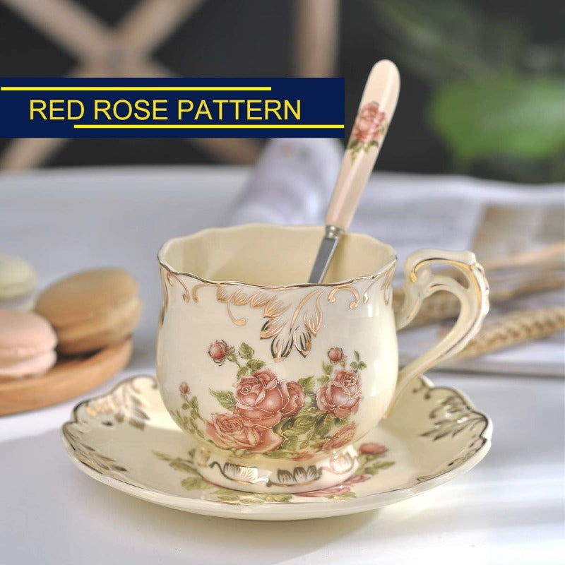 Tea Cups and Saucers Set of 6, 8 Oz Vintage Floral Porcelain Tea Cups Set, Coffee Cups with Golden Rack