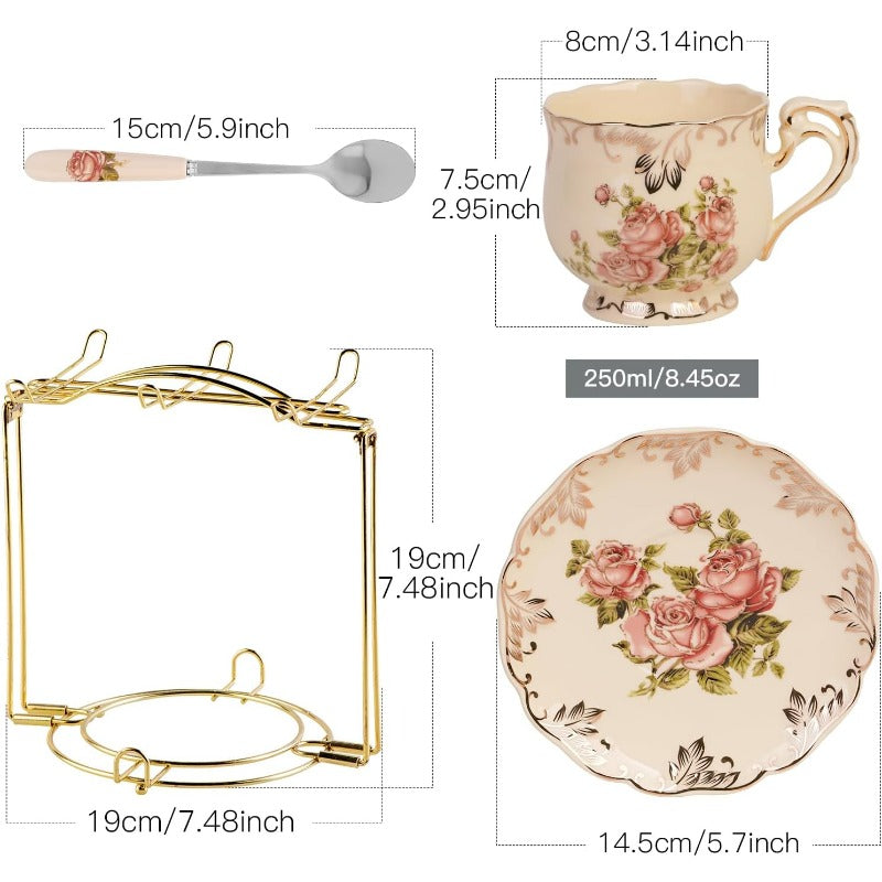Tea Cups and Saucers Set of 6, 8 Oz Vintage Floral Porcelain Tea Cups Set, Coffee Cups with Golden Rack
