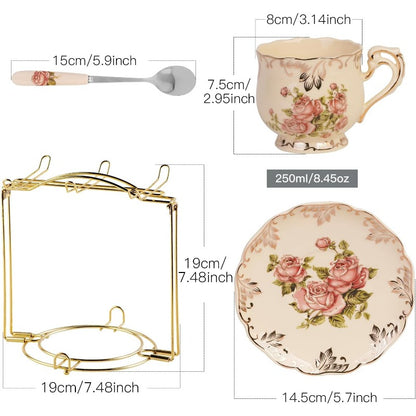 Tea Cups and Saucers Set of 6, 8 Oz Vintage Floral Porcelain Tea Cups Set, Coffee Cups with Golden Rack