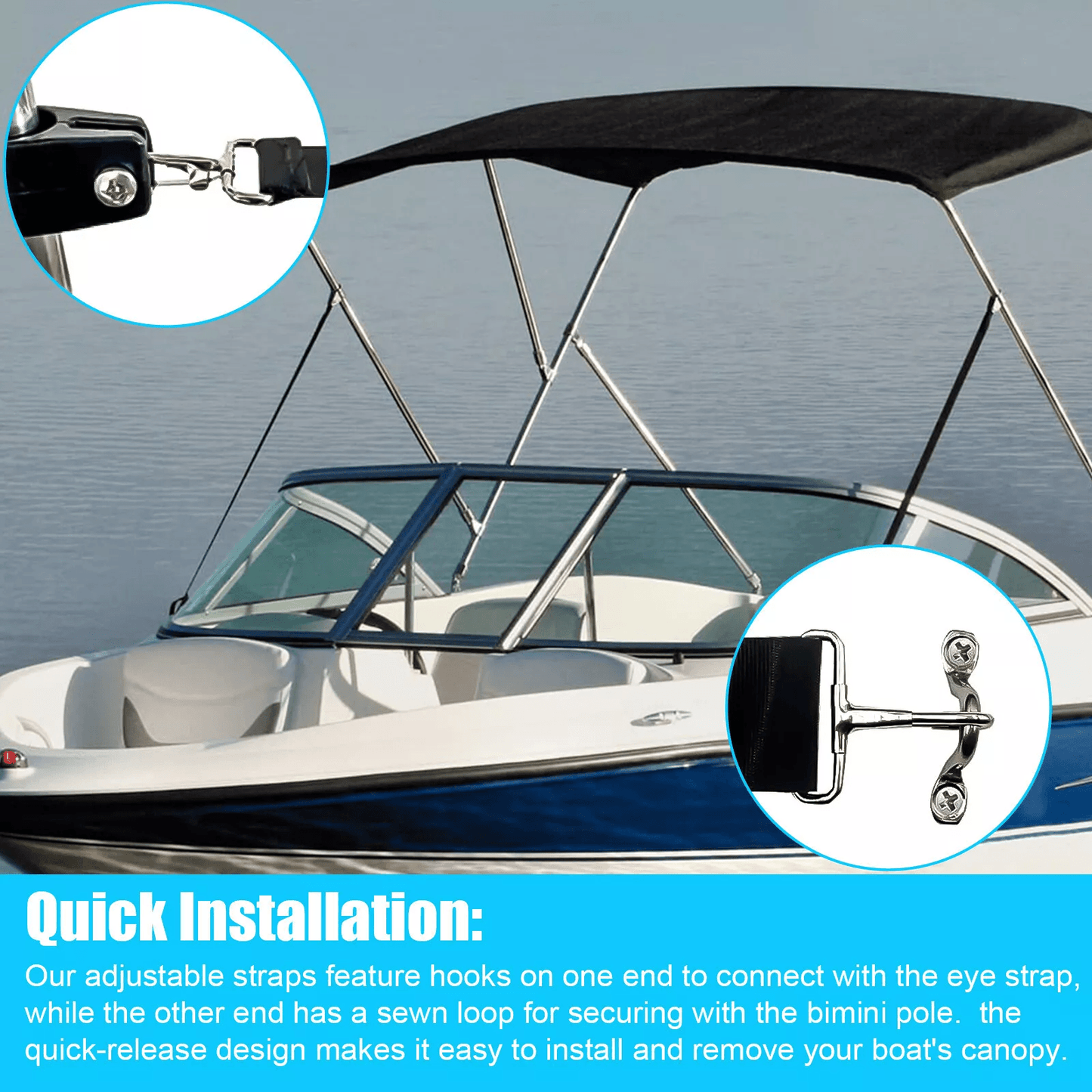 Adjustable Bimini Boat Top Straps with Stainless Steel Hooks, Durable Marine Canopy Tie-Down Straps