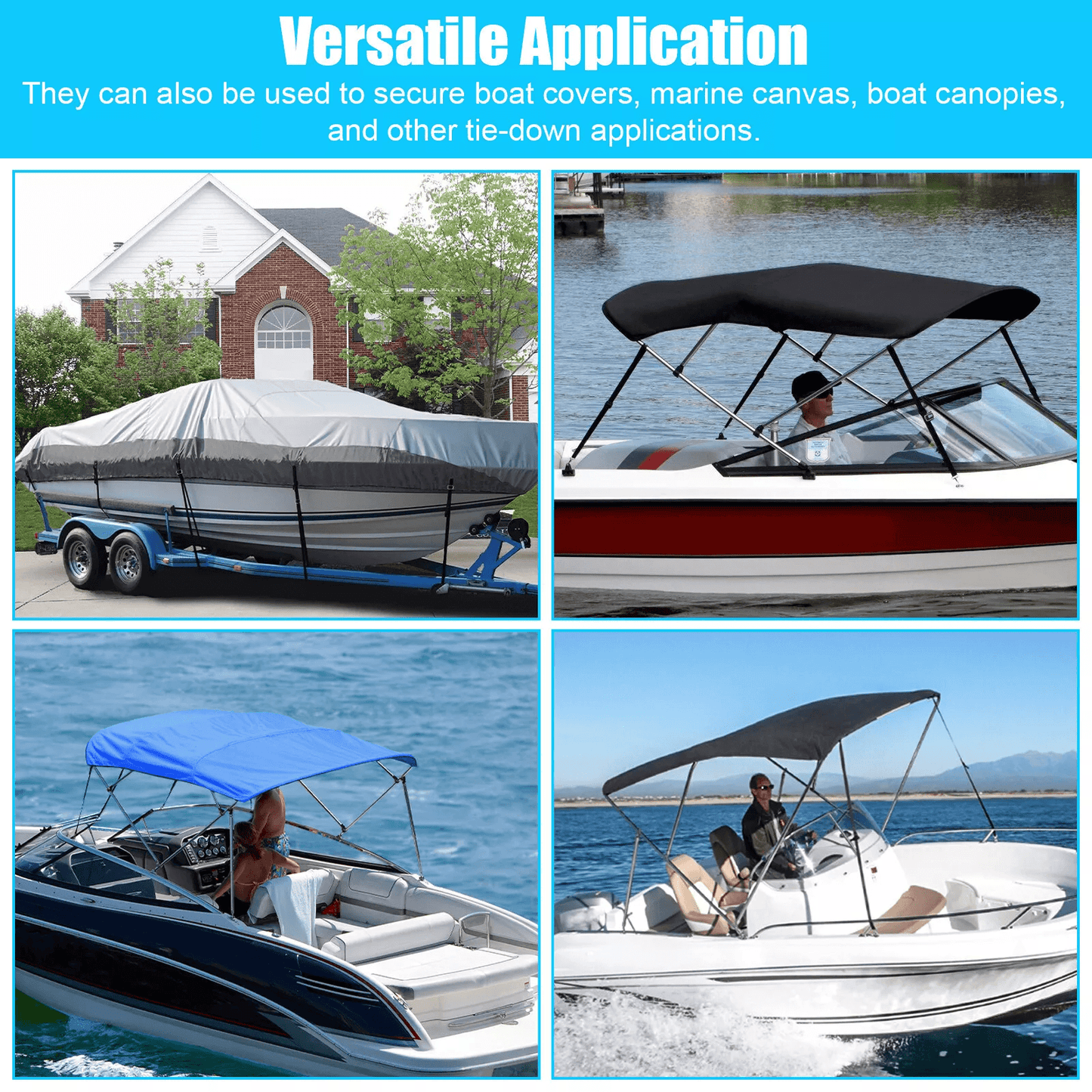 Adjustable Bimini Boat Top Straps with Stainless Steel Hooks, Durable Marine Canopy Tie-Down Straps
