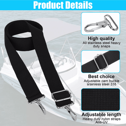 Adjustable Bimini Boat Top Straps with Stainless Steel Hooks, Durable Marine Canopy Tie-Down Straps