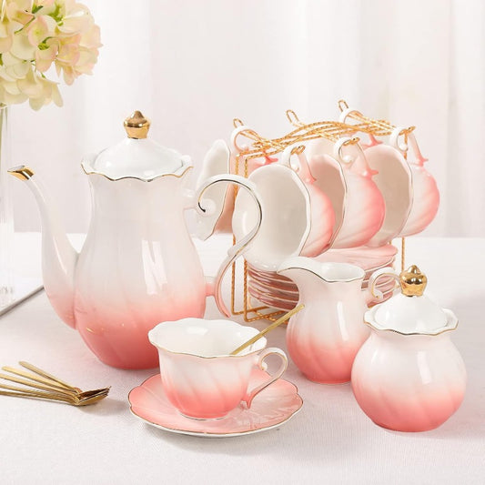 22-Piece Porcelain Tea Set for 6 – Luxury British Style Tea & Coffee Cups with Golden Trim